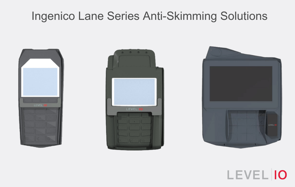 Ingenico Lane Series Anti-Skimming Solutions - three ingenico payment terminals are pictures with different pieces of foam attached to prevent card skimming