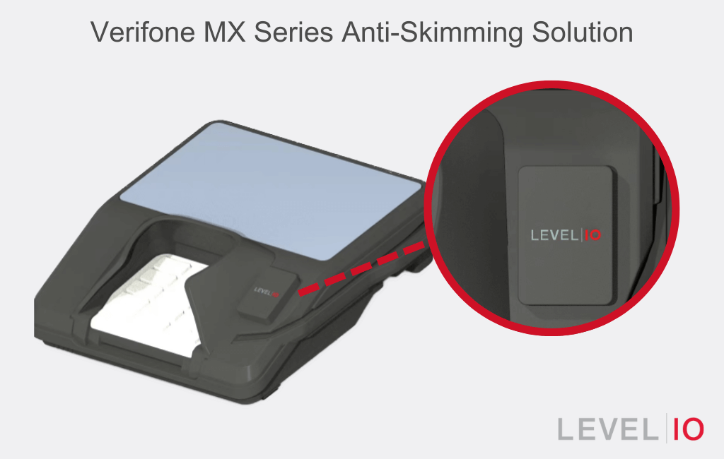 Level 10 credit card skimming prevention solution affixed to a Verifone MX series payment terminal 