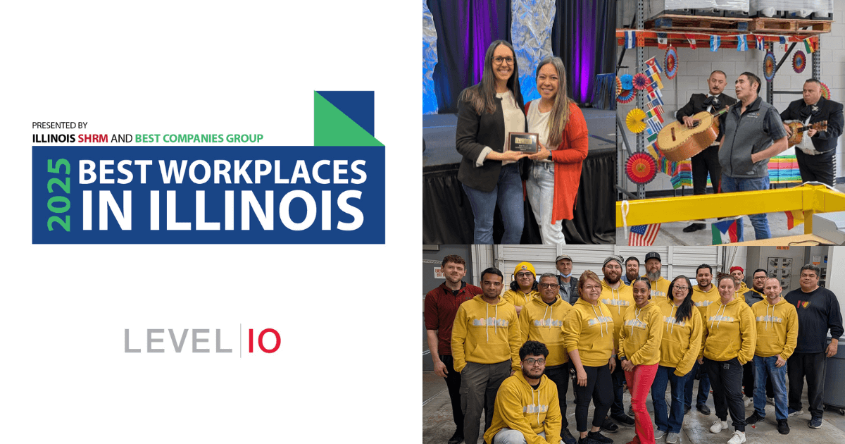 2025 Best Workplaces in Illinois logo and Level 10 logo, photos of Level 10 employee-owners