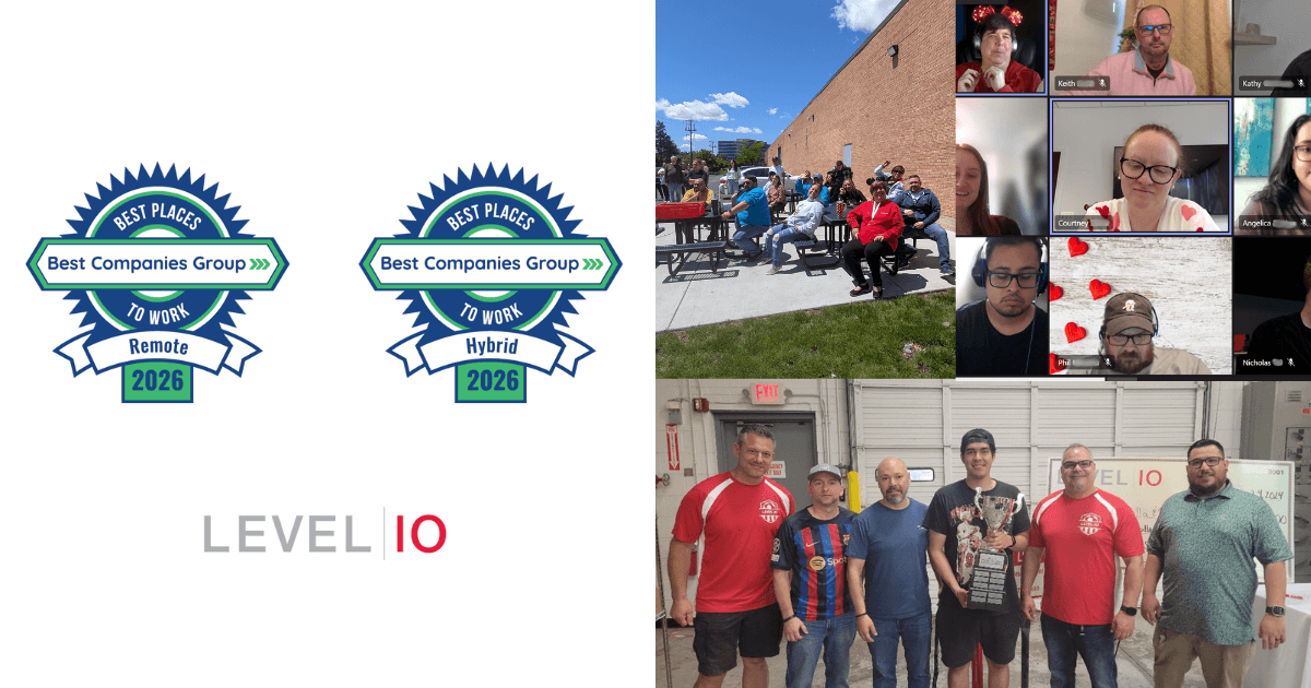 2026 Best Remote and Hybrid Workplaces award logos on the left. On the right, three group photos of Level 10 employee-owners. 