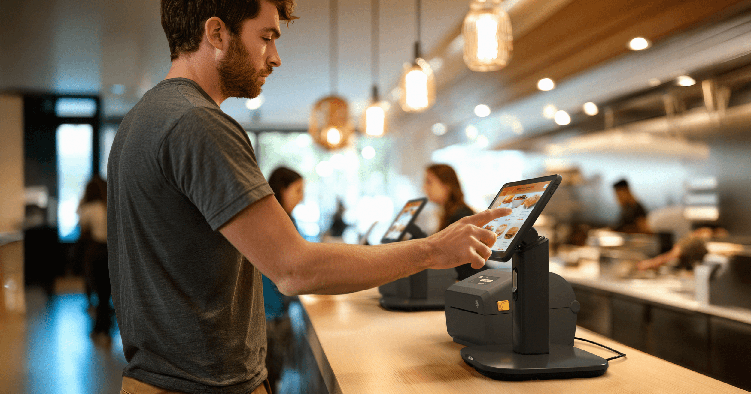 A man in a quick service restaurant uses a self-serve kiosk to order